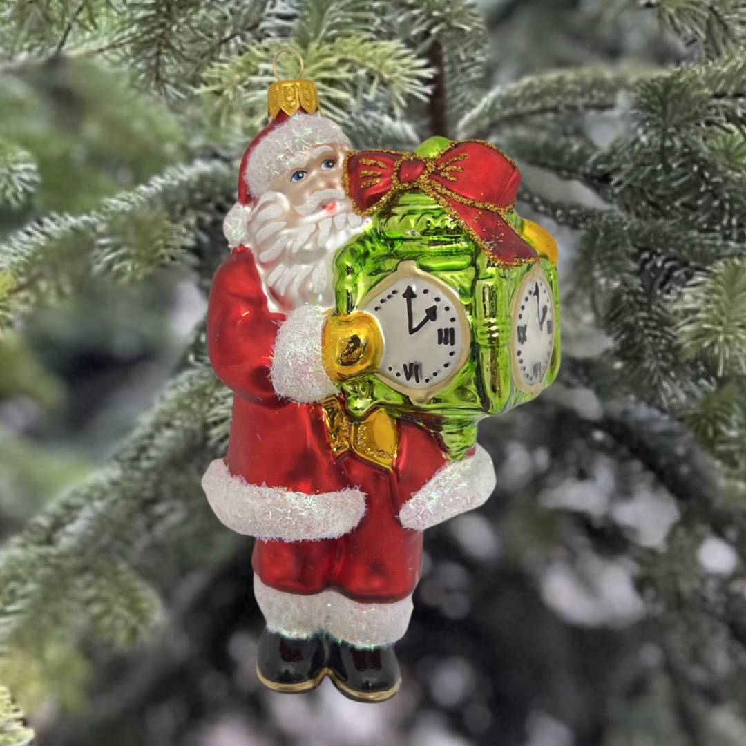 Bombka Mikołaj z zielonym zegarem